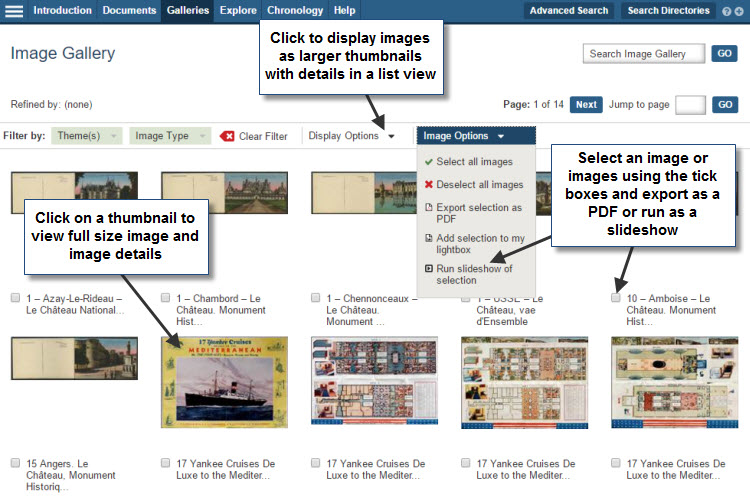 Screenshot of the main image gallery with the 'Image Options' drop-down list opened. Users are able to select multiple images, using the adjacent tick boxes and then export them as a PDF or run them as a slideshow using the options in this list. Users can opt to view images as larger thumbnails with accompanying image details by selecting list view from the drop-down 'Display Options' list. To view a full-size image, and view further details for each image, users must click on the thumbnails.